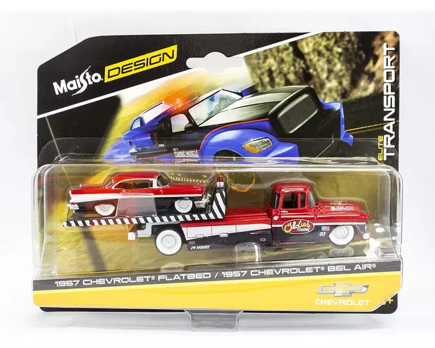 Masinuta Maisto, Chevrolet Flatbed Trailer si Chevrolet Bel Air Red, 1:64