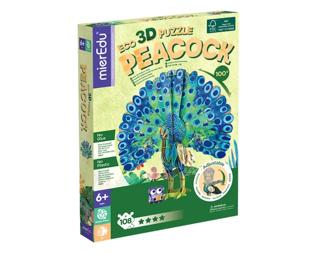 Puzzle 3D eco, mierEdu, Paun Deluxe, 108 piese