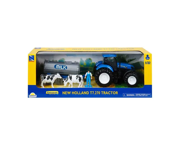 Tractor cu rezorvor de lapte si figurina, New Ray, New Holland T7.270, 1:32