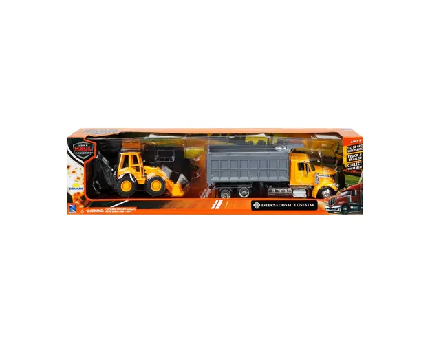 Set camion cu platforma si vehicul de constructie, New Ray, 1:43, Galben