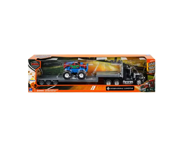 Set camion cu platforma si masina de teren, New Ray, 1:43, Negru
