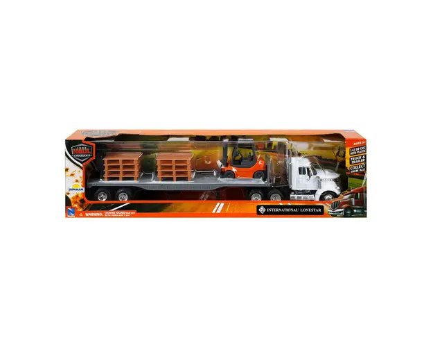 Set camion cu platforma si motostivuitor, New Ray, 1:43, Alb