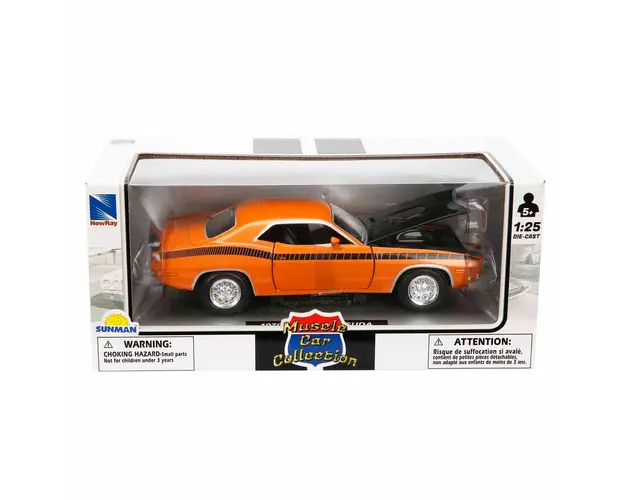 Masina metalica, New Ray, Plymouth Cuda, Portocaliu, 1:25