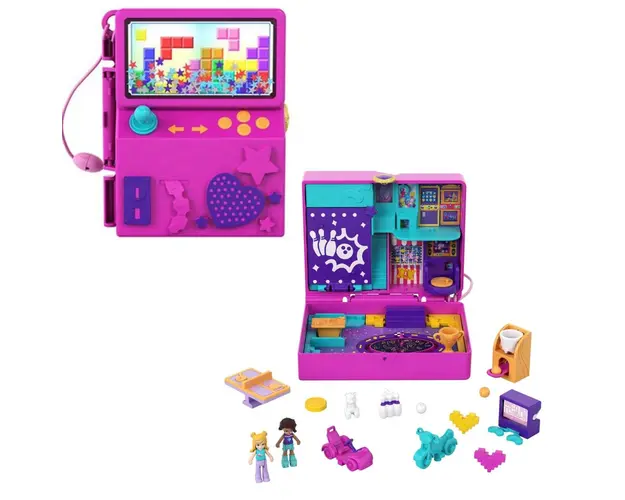 Set de joaca cu 2 papusi si 12 accesorii Polly Pocket, Race & Rock Arcade Compac, HCG15
