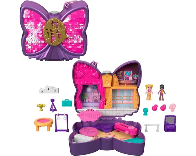 Set de joaca cu 2 papusi si 12 accesorii Polly Pocket, Sparkle Stage Bow, HCG17
