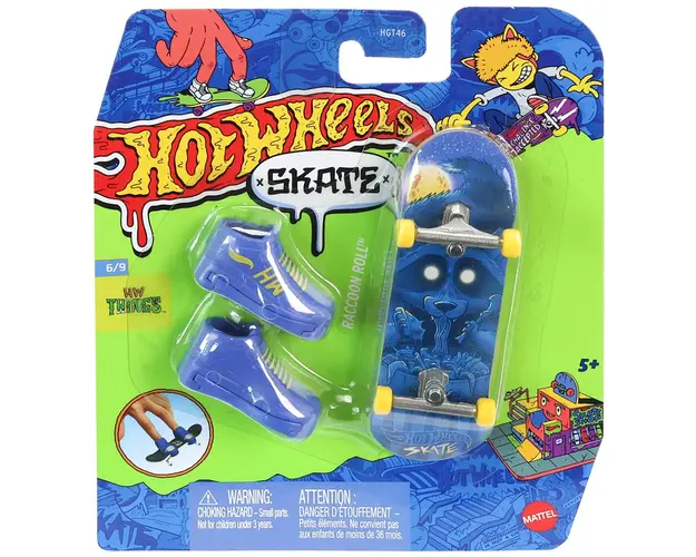 Set mini placa skateboard cu pantofi, Hot Wheels, Raccoon Roll, HVJ90