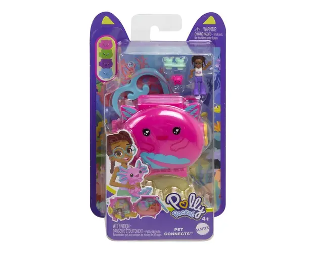 Mini gentuta in forma de animalut cu accesorii, Polly Pocket, Axolotl, HXX22