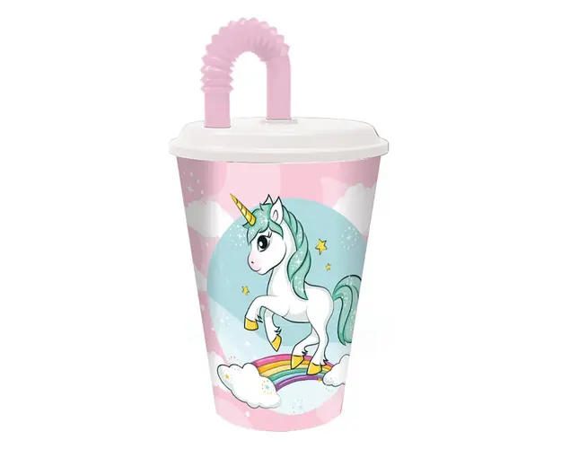 Pahar cu pai si capac, Stor, Unicorn, 430 ml