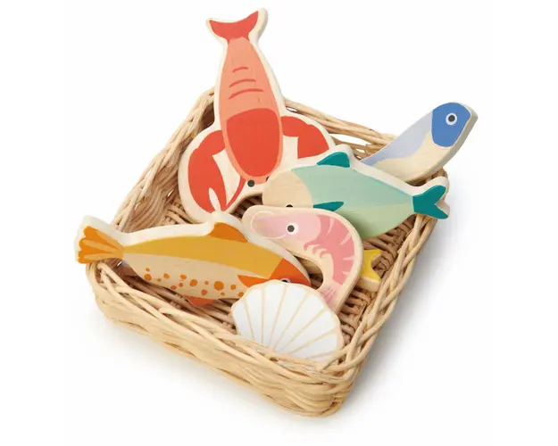 Cos cu fructe de mare din lemn premium, Tender Leaf Toys, 7 piese