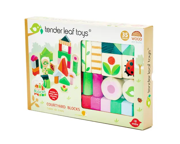 Cuburi din lemn cu ilustratii din gospodarie Tender Leaf Toys, Courtyard Blocks, 35 piese