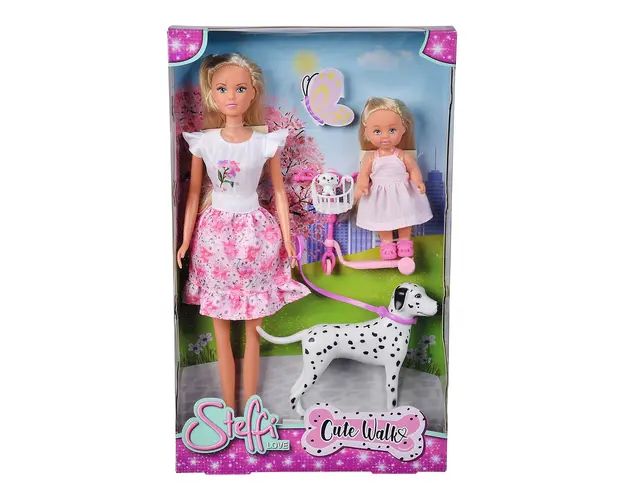Papusa Steffi Love cu Evi si catelul la plimbare