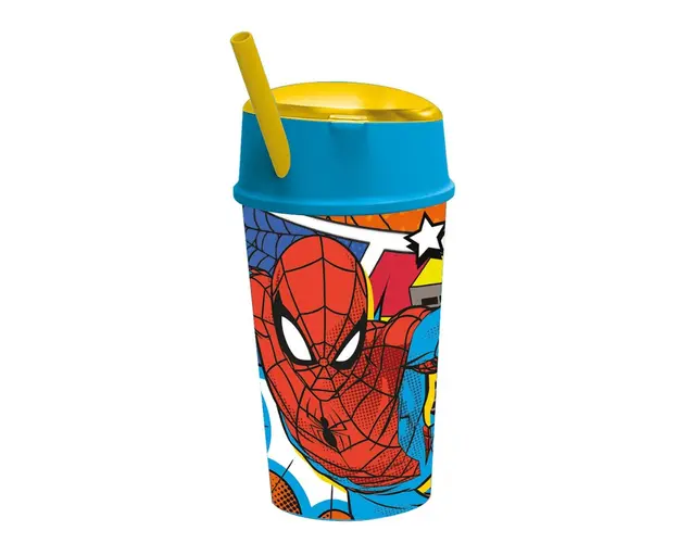 Pahar cu pai si compartiment superior, Stor, Spiderman, 400 ml