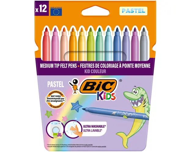 Set 12 markere de colorat, Bic, Kids Couler, Culori Pastel