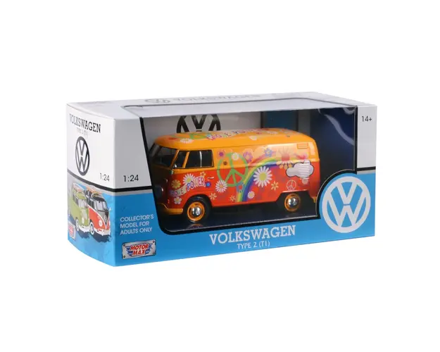 Camioneta Motormax, Volkswagen Type 2 T1 Flower Power, Portocaliu, 1:24