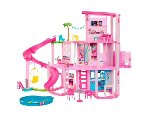 Set Casa de papusi Barbie Dreamhouse, 114 cm, cu piscina, tobogan, lift, lumini si sunete, 75 piese