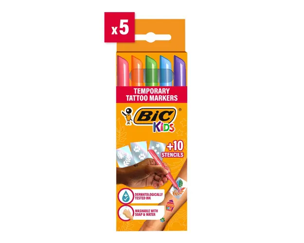 Set 5 markere si 10 sabloane pentru tatuaje temporare, Bic Kids