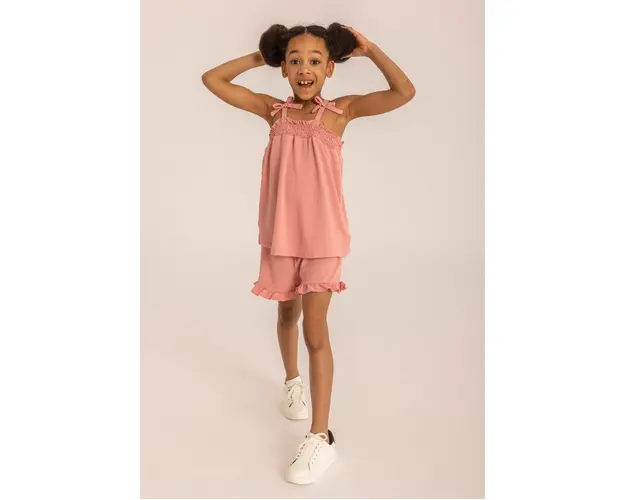 Set top cu bretele si pantaloni scurti, Minoti, roz
