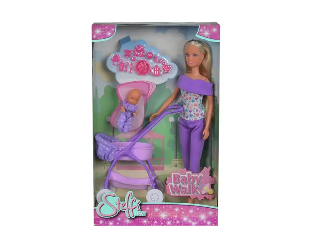 Papusa Steffi Love cu bebe in carucior mov