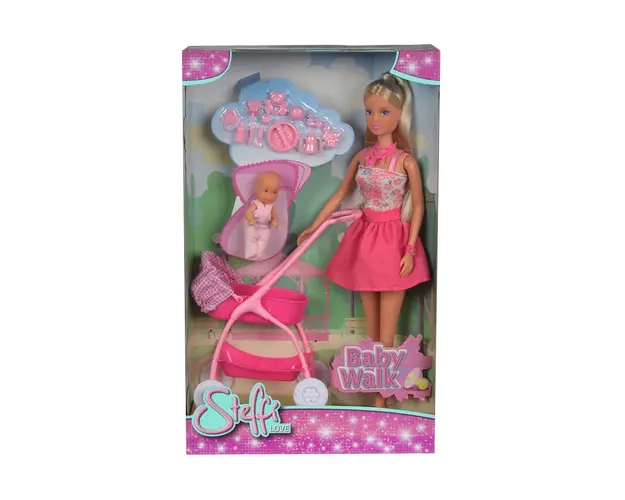 Papusa Steffi Love cu bebe in carucior roz