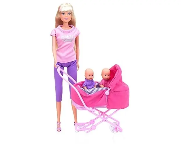 Papusa Steffi Love cu gemeni in carucior mov