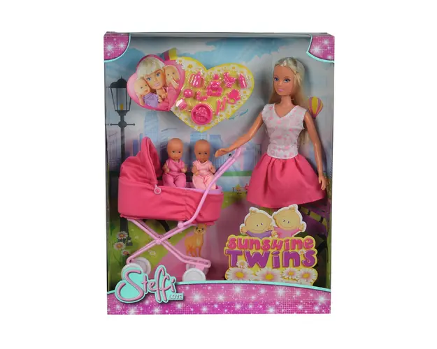 Papusa Steffi Love cu gemeni in carucior roz