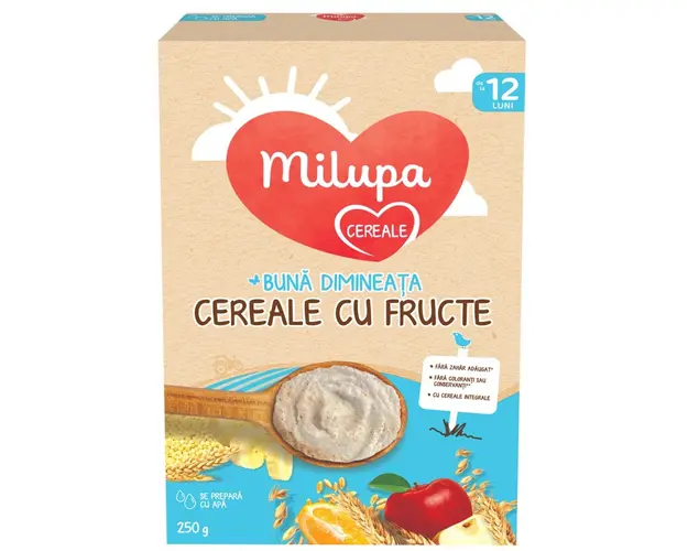 Cereale integrale cu lapte si fructe Milupa Milumil, 250 g, 12 luni +