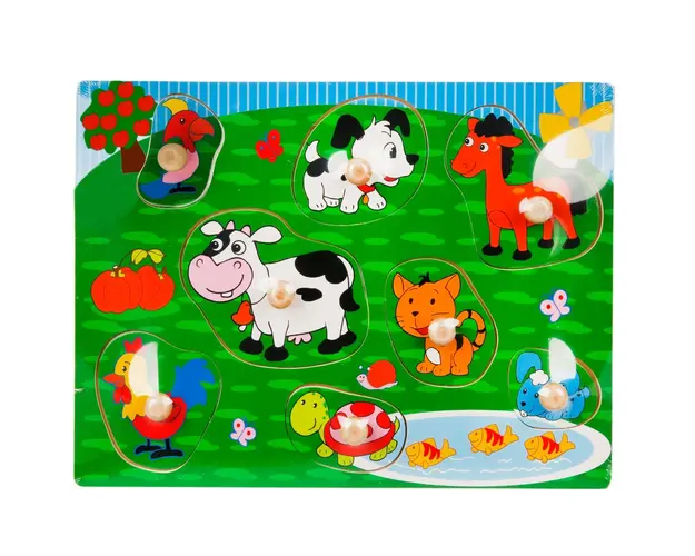 Puzzle din lemn, Woody, Animale domestice cu maner, 8 piese