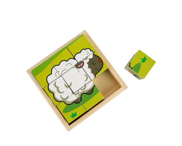 Puzzle in cub de lemn, Woody, Diverse animale, 9 piese