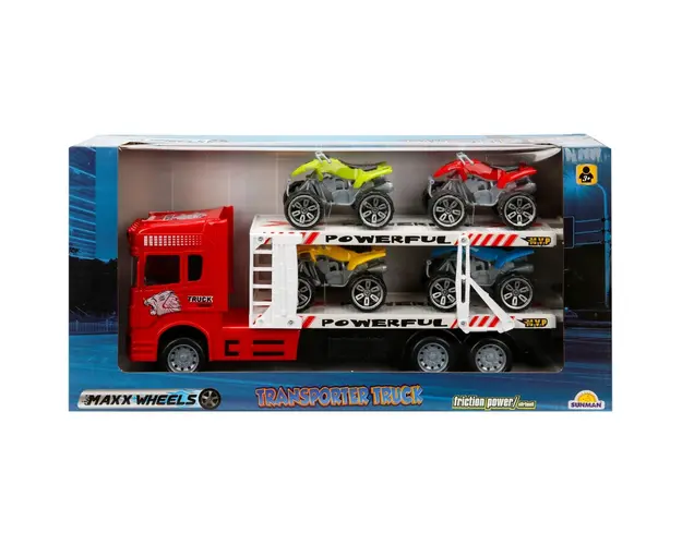 Ttransportator rosu cu 2 niveluri si 4 ATV, Maxx Wheels, 1:32, 32 cm