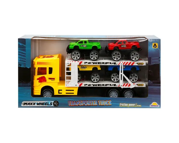 Transportator galben cu 2 niveluri si 4 masini Jeep, Maxx Wheels, 1:32, 32 cm