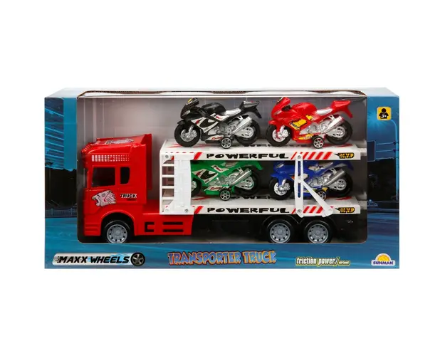 Transportator rosu cu 2 niveluri si 4 motociclete, Maxx Wheels, 1:32, 32 cm