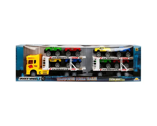 Transportator galben cu 2 niveluri si 8 masinute Jeep, Maxx Wheels 1:32, 58 cm