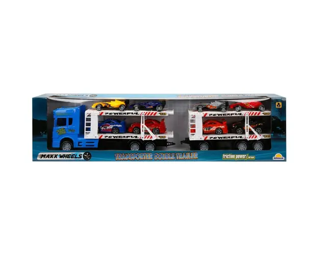 Transportator albastru cu 2 niveluri si 8 masinute de curse, Maxx Wheels 1:32, 58 cm