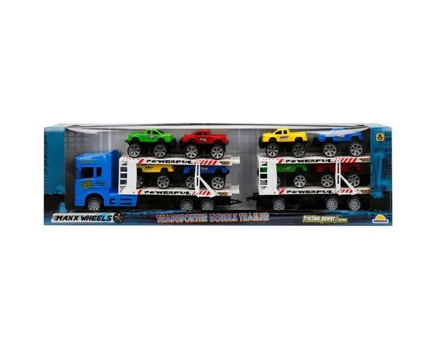 Transportator albastru cu 2 niveluri si 8 masinute Jeep, Maxx Wheels 1:32, 58 cm