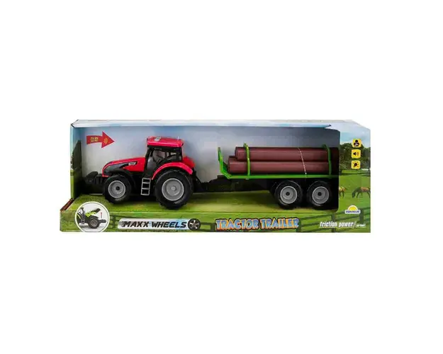 Tractor rosu cu remorca cu lemne, cu lumini si sunete, Maxx Wheels, 44 cm