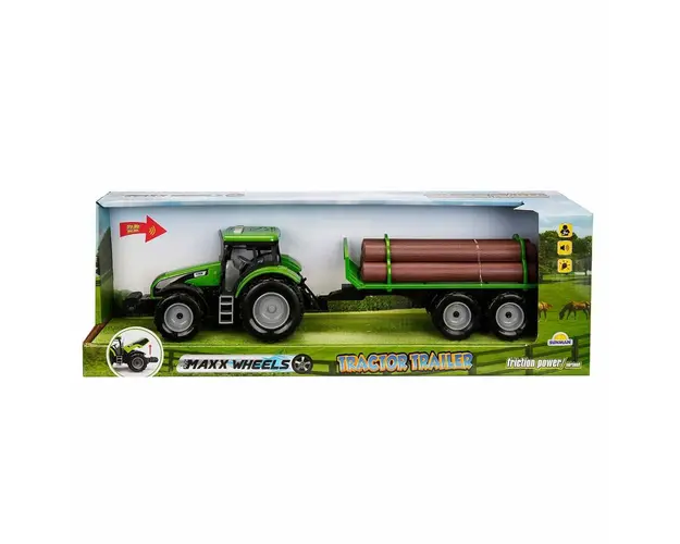 Tractor verde cu remorca cu lemne, cu lumini si sunete, Maxx Wheels, 44 cm
