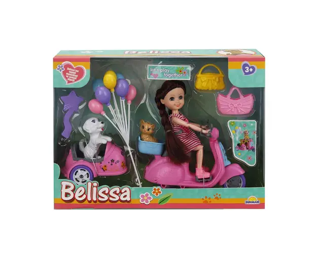 Set de joaca papusa Belissa pe scuter si animalutele dragute, Roz