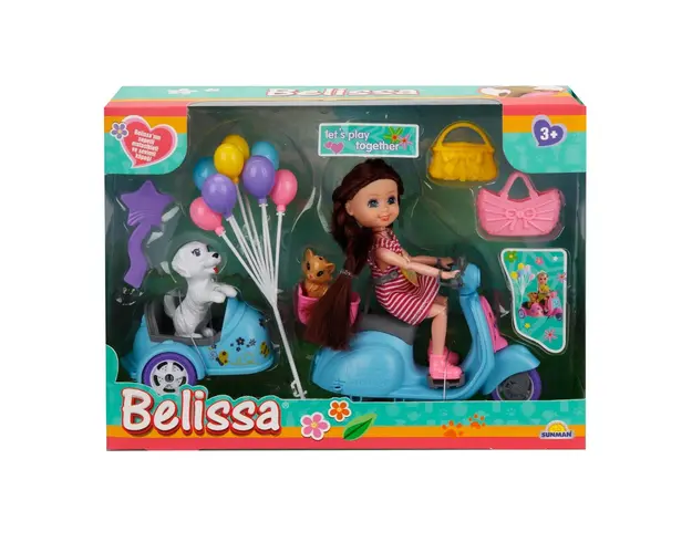 Set de joaca papusa Belissa pe scuter si animalute dragute, Albastru