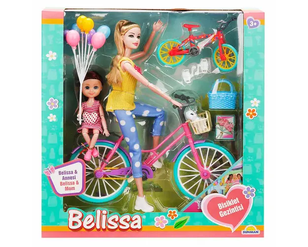 Set de joaca papusa Belissa bruneta si mama ei pe bicicleta
