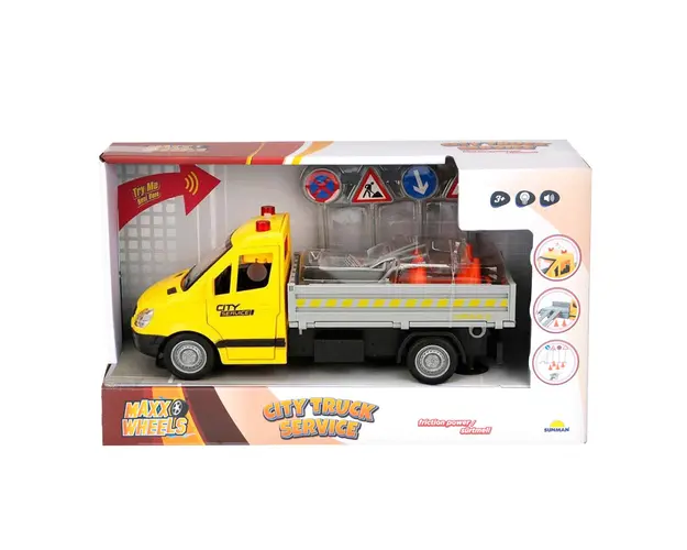 Camion de asistenta rutiera cu semne de circulatie, Maxx Wheels, Galben, 25 cm