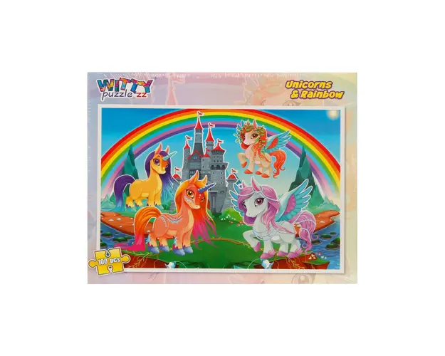 Puzzle Witty Puzzlezz, 100 piese, Unicorni si curcubeu