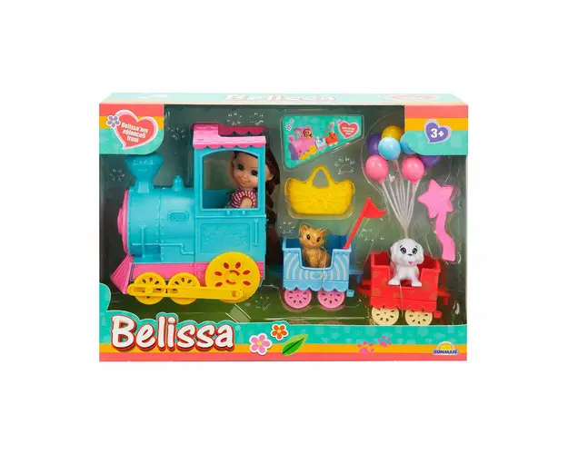 Set de joaca papusa Belissa, Trenul si animalutele dragute, Bleu