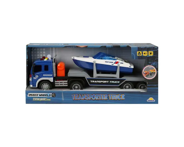 Camion de tractat cu lumini si sunete, Barca, Maxx Wheels, 1:16, Albastru