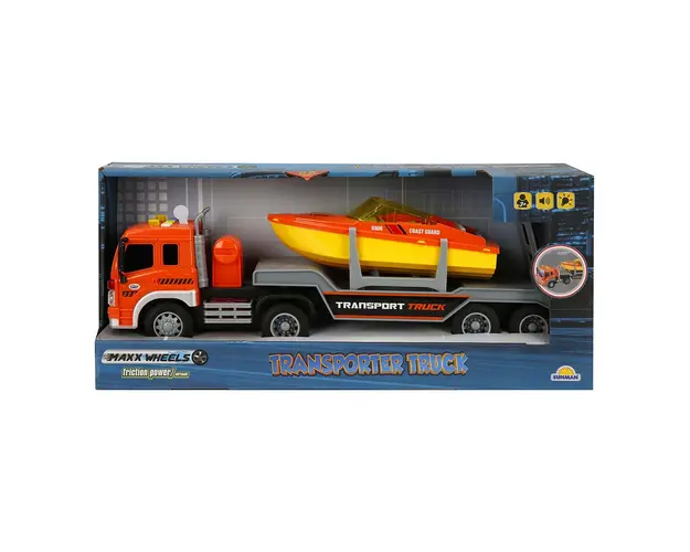 Camion de tractat cu lumini si sunete, Barca, Maxx Wheels, 1:16, Portocaliu