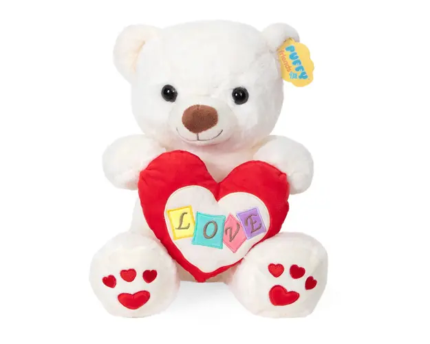 Ursulet de plus cu inima, Puffy Friends, Alb, 30 cm