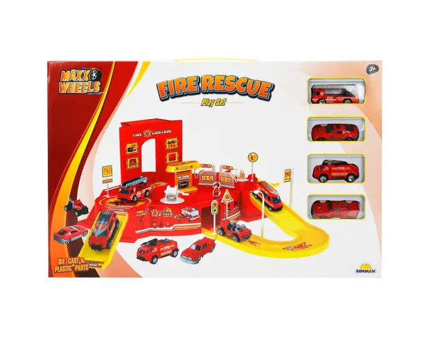 Set de joaca cu statie de pompieri si 4 vehicule, Maxx Wheels