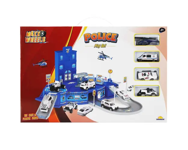 Set de joaca cu sediu de politie si 4 vehicule, Maxx Wheels