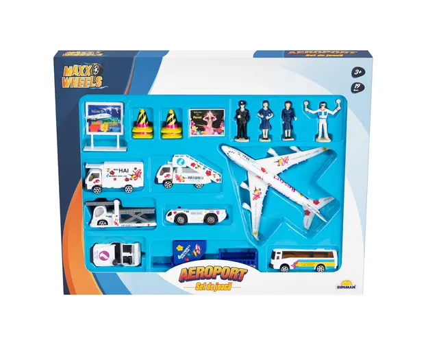 Set de joaca cu vehicule si accesorii, Maxx Wheels, Aeroport, 19 piese