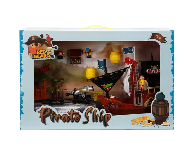 Set cu 3 figurine si nava piratilor cu tun gri, Red Beard