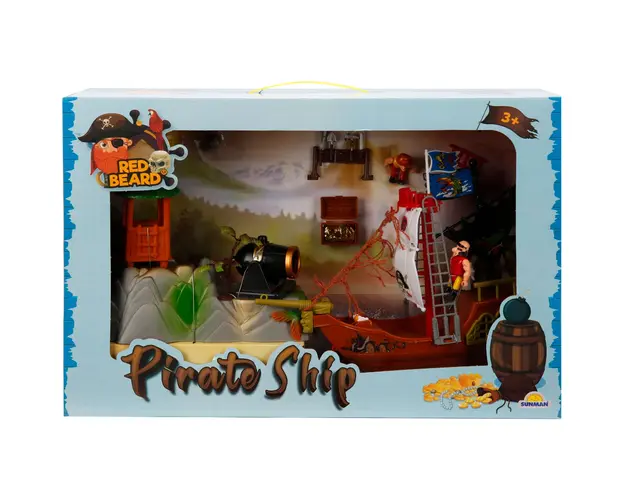 Set cu 2 figurine si nava piratilor cu tun negru, Red Beard
